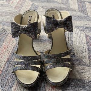 Chanel white velvet and glitter bow sandal